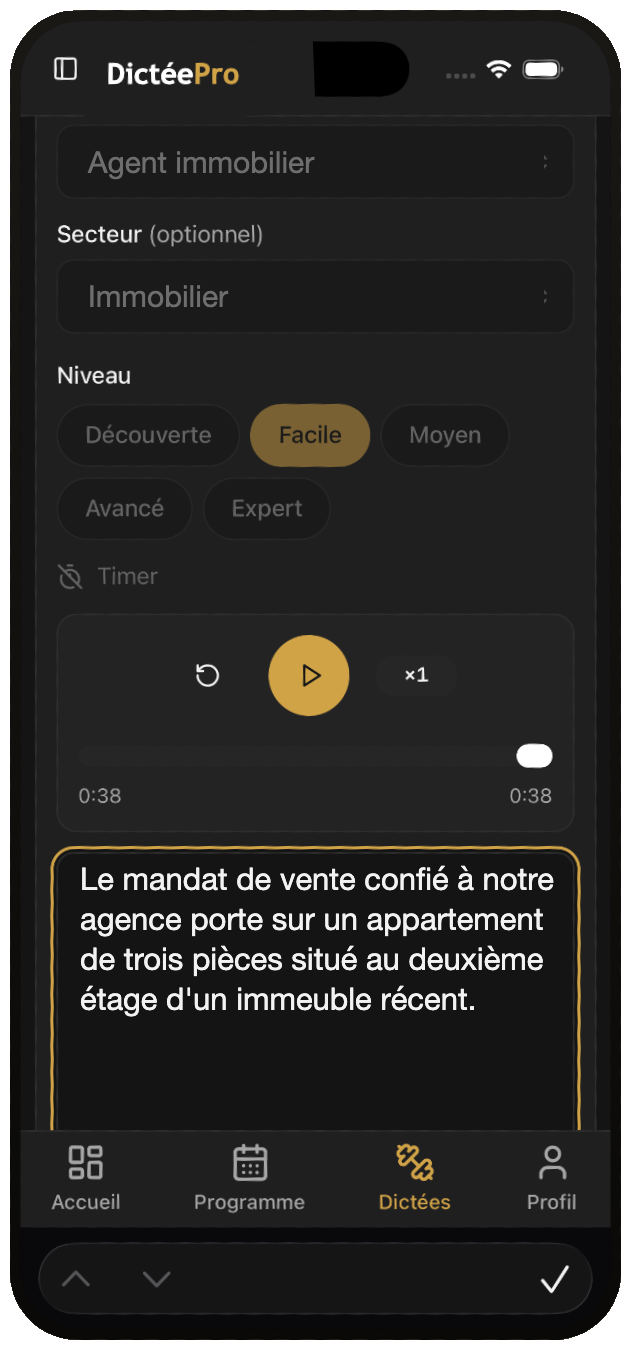 Écran de dictée DictéePro sur mobile